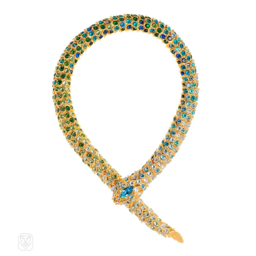 Custom Gold Necklace with Initials-Goldtone blue and green crystal snake necklace/convertible to bracelet