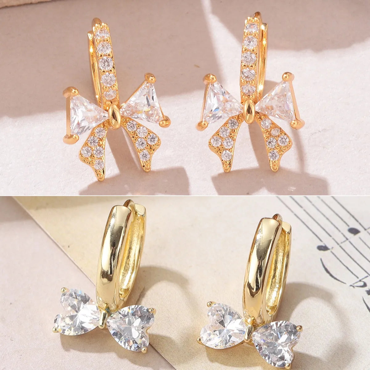 1 Pair Cute Sweet Bow Knot Inlay Copper Zircon 18K Gold Plated Earrings