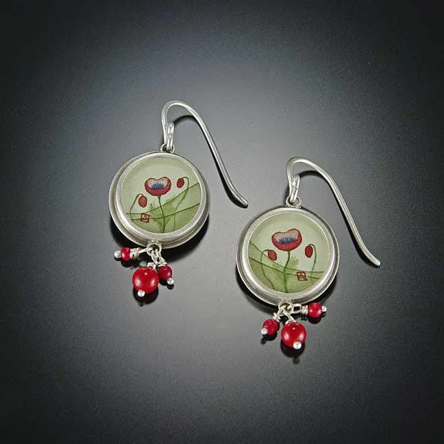 Cute Crystal Earrings-Round Poppy Earrings with Coral