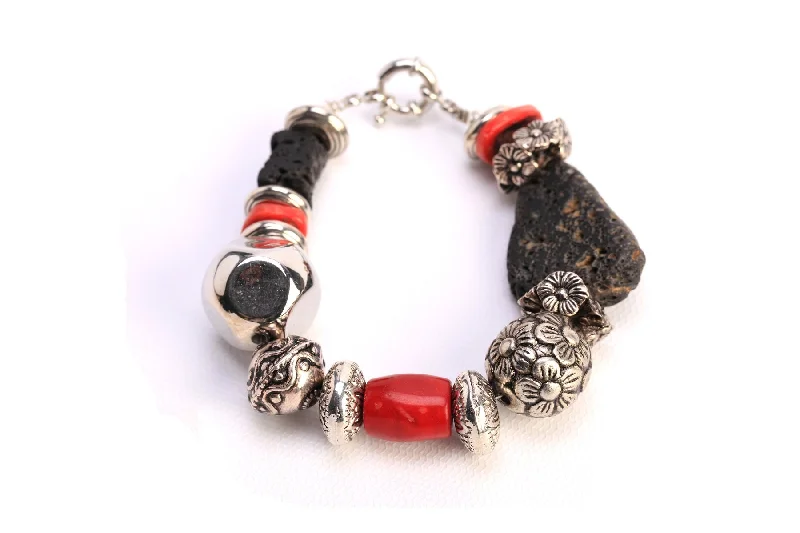 Silver Bangle with Diamonds-Red & Black Flower Bracelet