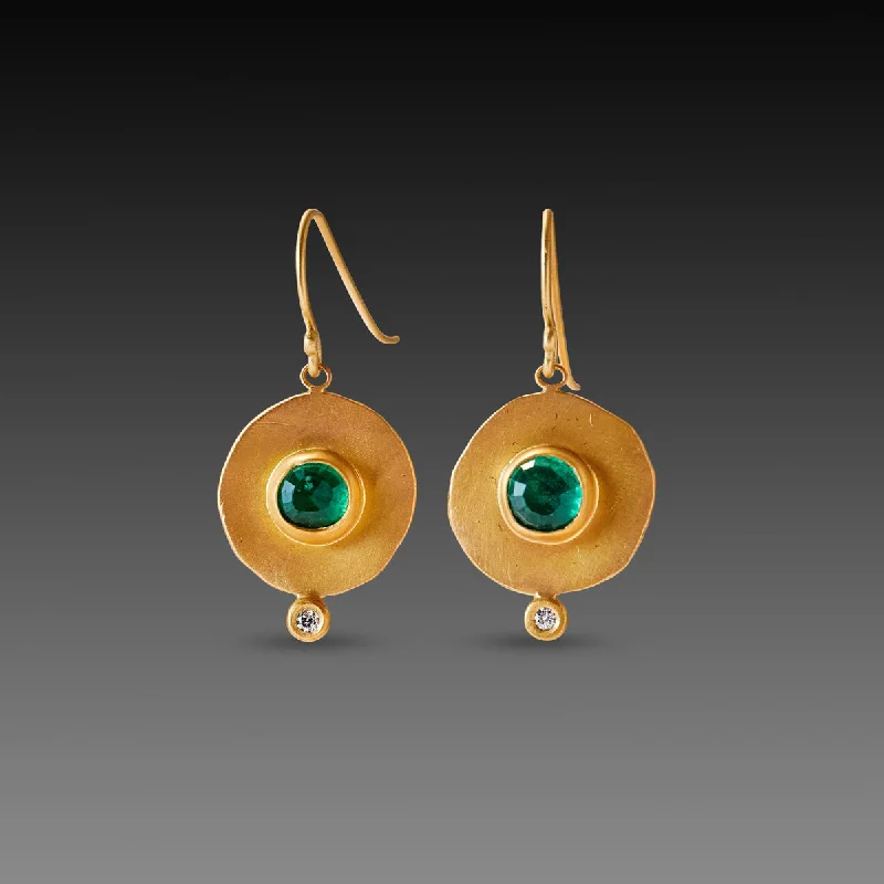 Green Jade Earrings-Hammered Gold Earrings with Emeralds