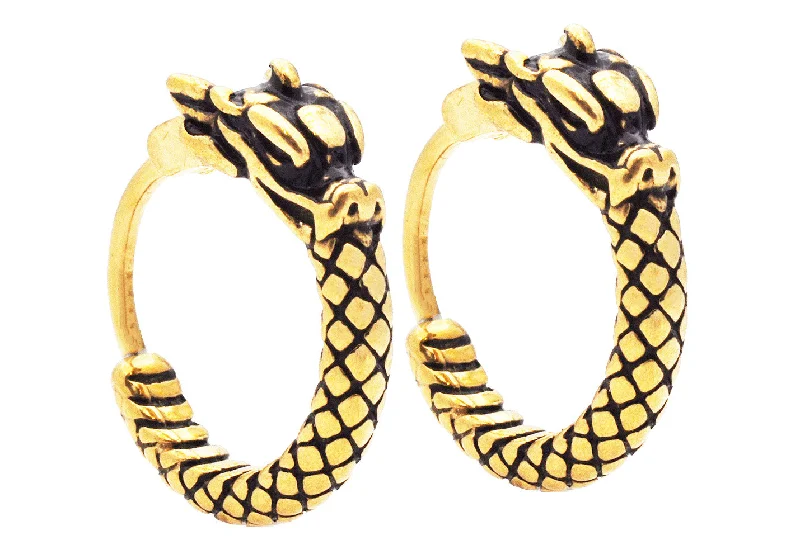 Chunky Drop Earrings-Men's Gold Stainless Dragon Hoop Earrings