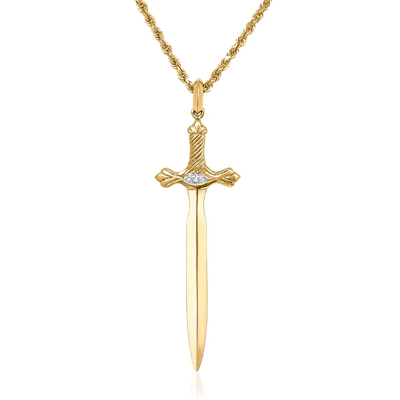 Trendy Silver Necklace-Valiant Protection Sword Marquise Diamond Center