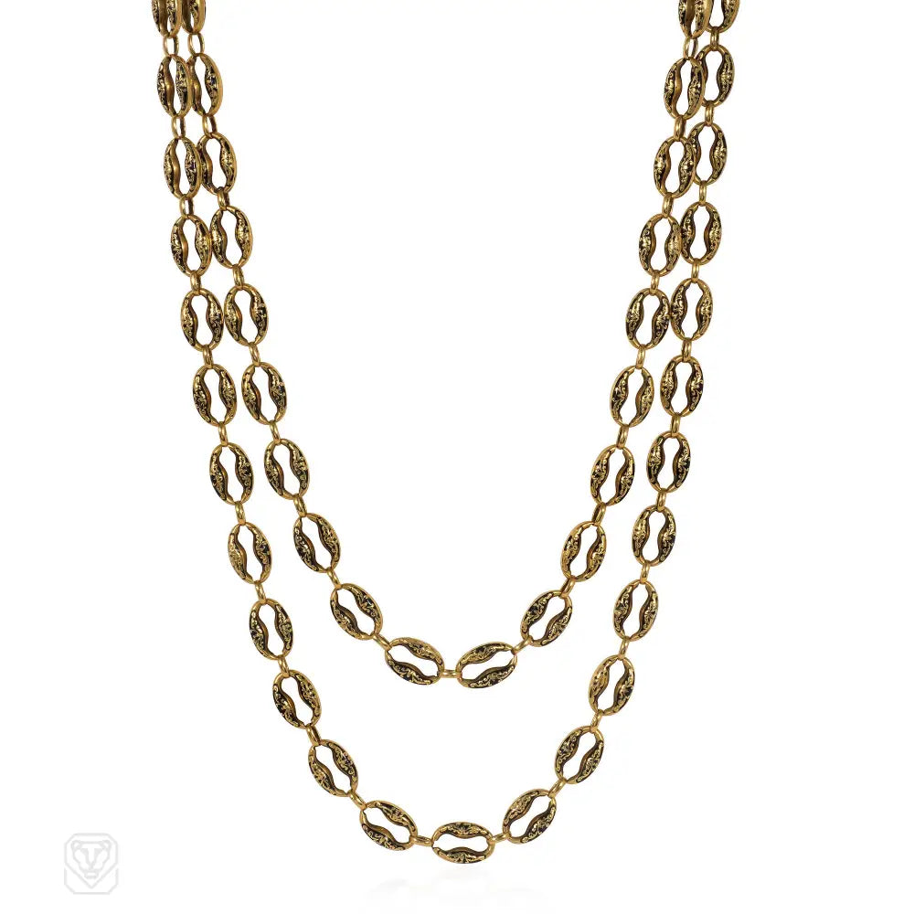 Small Gold Necklace-Antique Swiss enamel nautical chain necklace