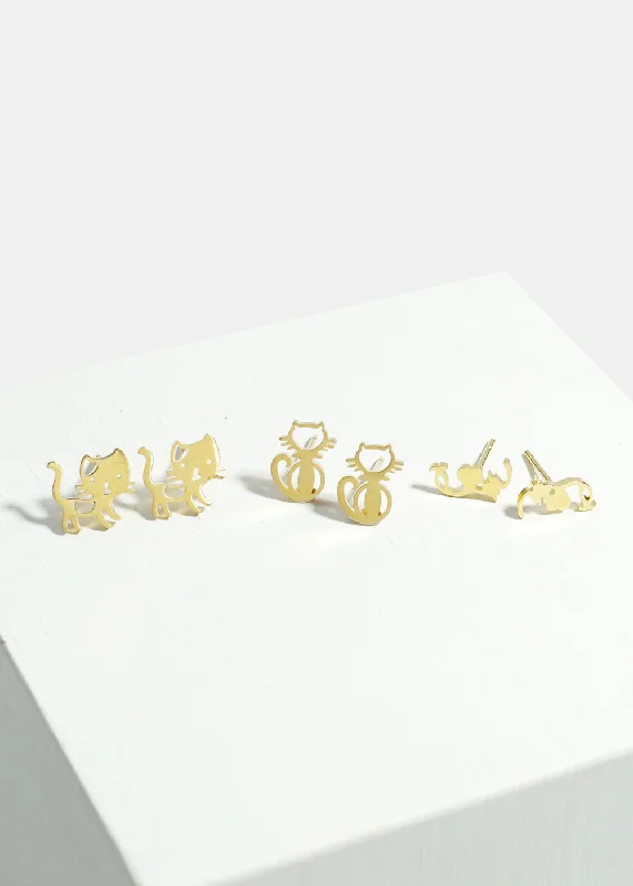 Yellow Gold Earrings-3-Pair Cute Cats Stud Earrings