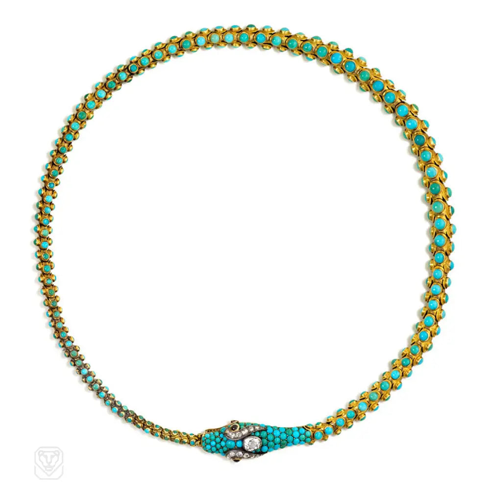 Birthstone Necklace for Mom-Antique gold and turquoise tapered serpent necklace