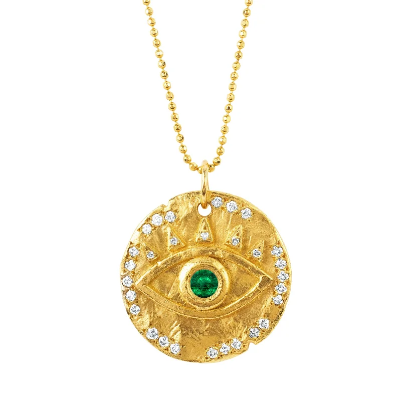 Gold Heart Pendant Necklace-18k Emerald Eye of Protection Coin Pendant