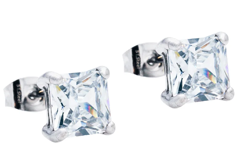 Floral Hoop Earrings-Mens 7mm Cubic Zirconia Stainless Steel Square Stud Earrings