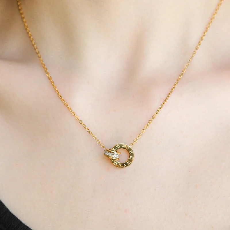 Double Gemstone Necklace-CENTURY | 18K Gold Necklace Roman Number Double Circle Necklace