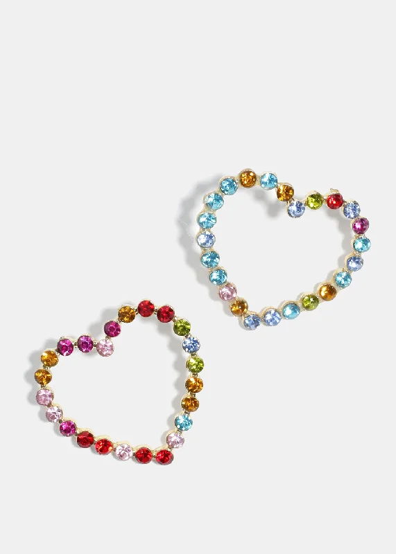 Round Hoop Earrings-Multi-Color Rhinestone Heart Earrings