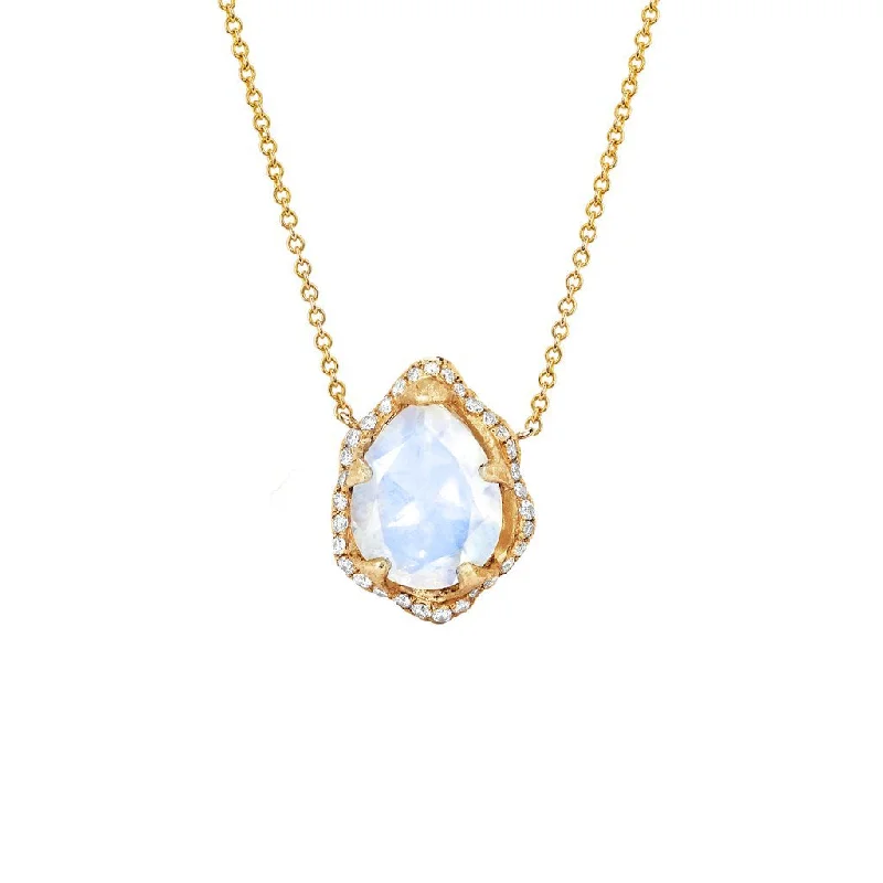 Long Chain Pendant Necklace-Baby Queen Water Drop Moonstone Necklace with Full Pavé Diamond Halo | Ready to Ship