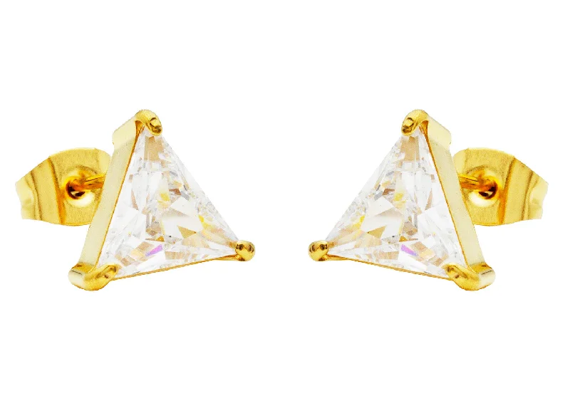 Bold Gemstone Earrings-Mens 10mm Cubic Zirconia Gold Plated Stainless Steel Triangle Stud Earrings