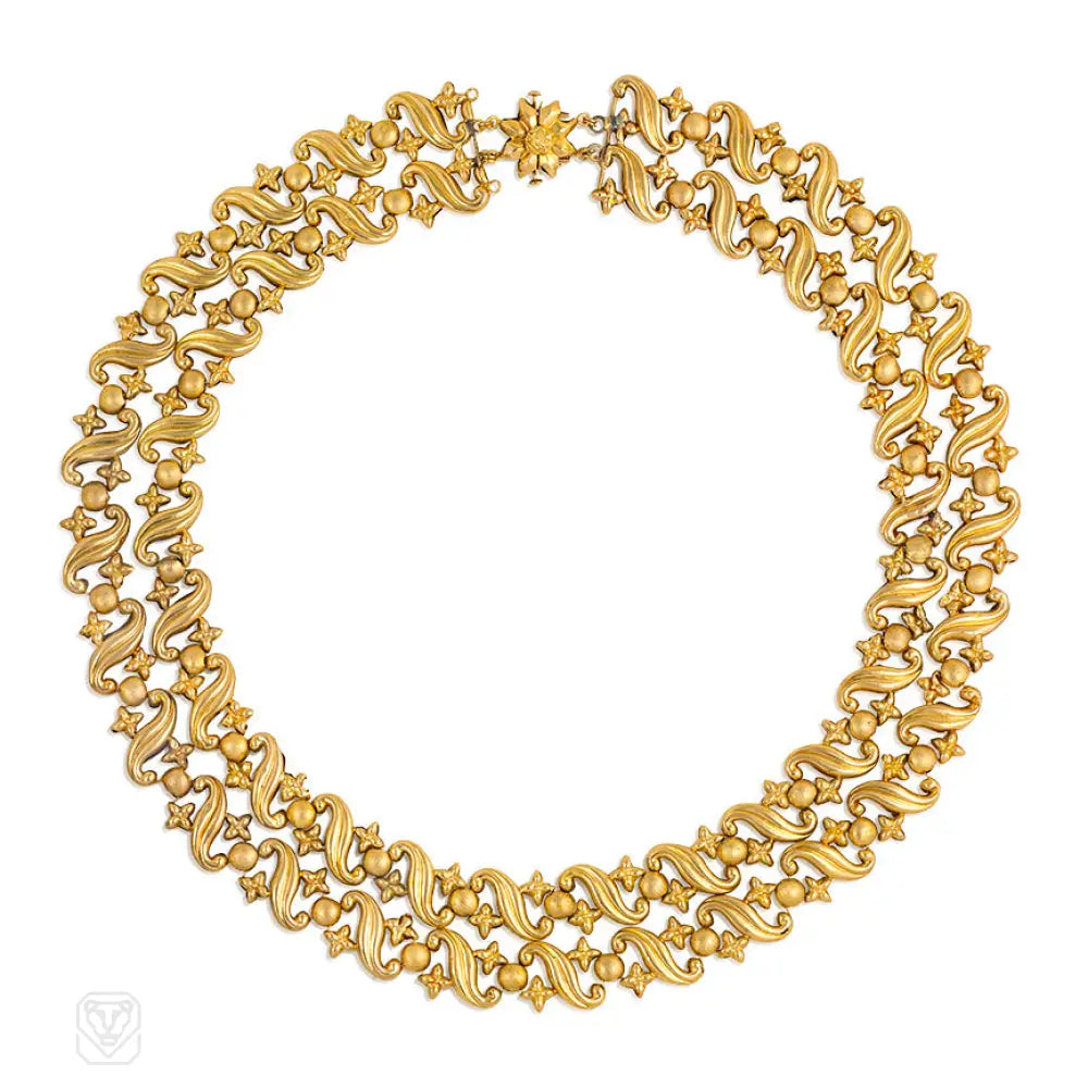 Elegant Diamond Necklace-Antique gold repoussé link necklace