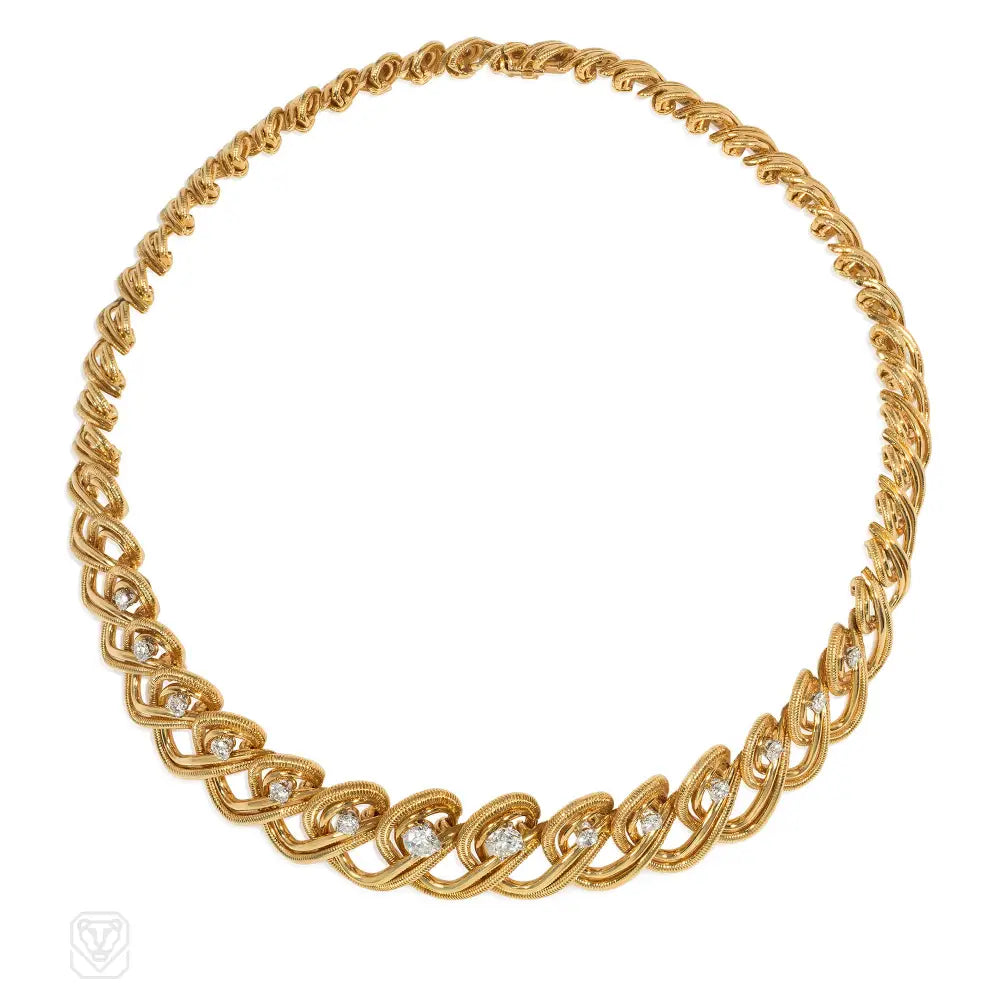 Silver Leaf Necklace-Cartier Mid-Century gold and diamond scrolling necklace