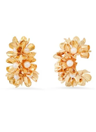 Pink Gold Earrings-Pearl Floral Hoops