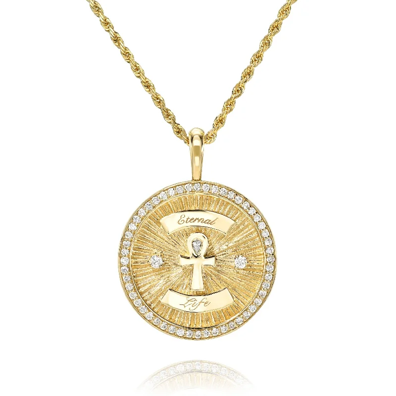 Bohemian Style Necklace-Diamond Ankh Coin with Pavé Border | Ready to Ship