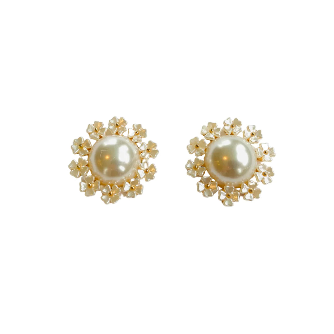 Silver Chain Drop Earrings-Floral Pearl Stud