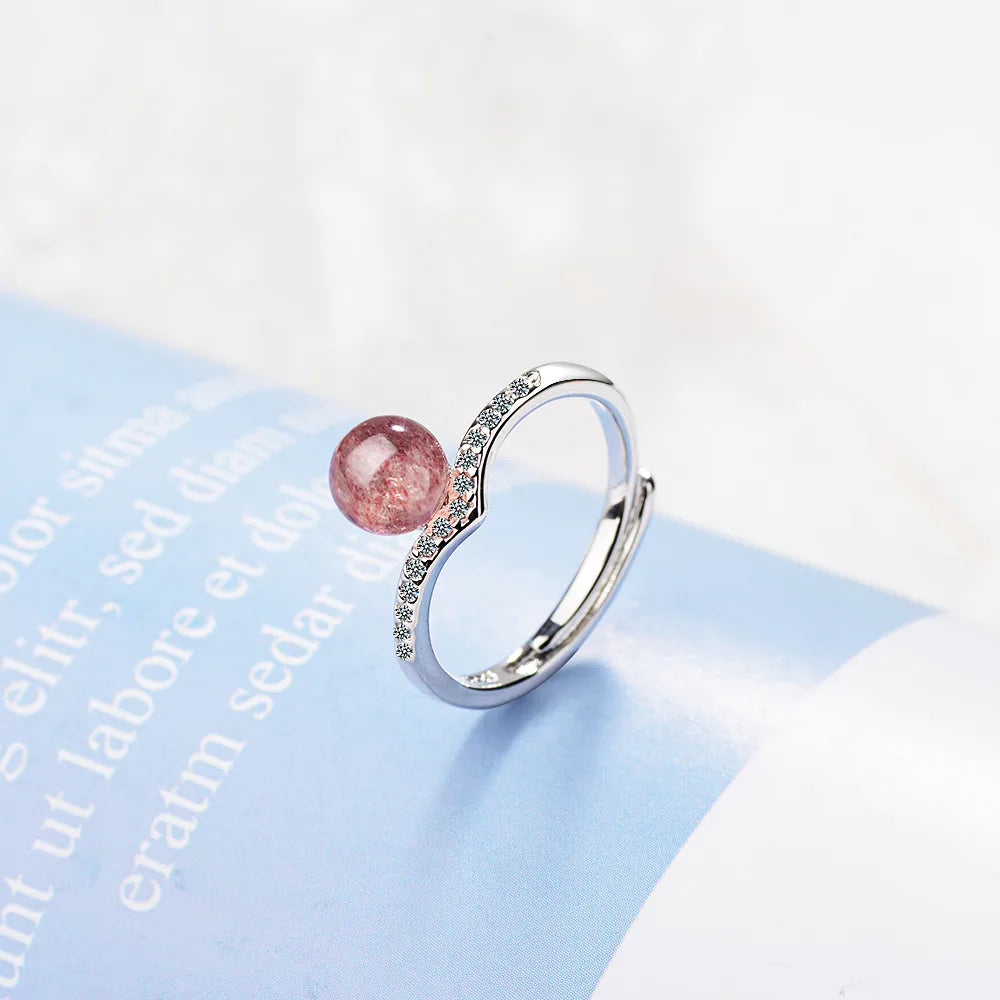 Custom Diamond Promise Ring-Wholesale Simple Style Geometric Copper Inlay White Gold Plated Strawberry Quartz Adjustable Ring