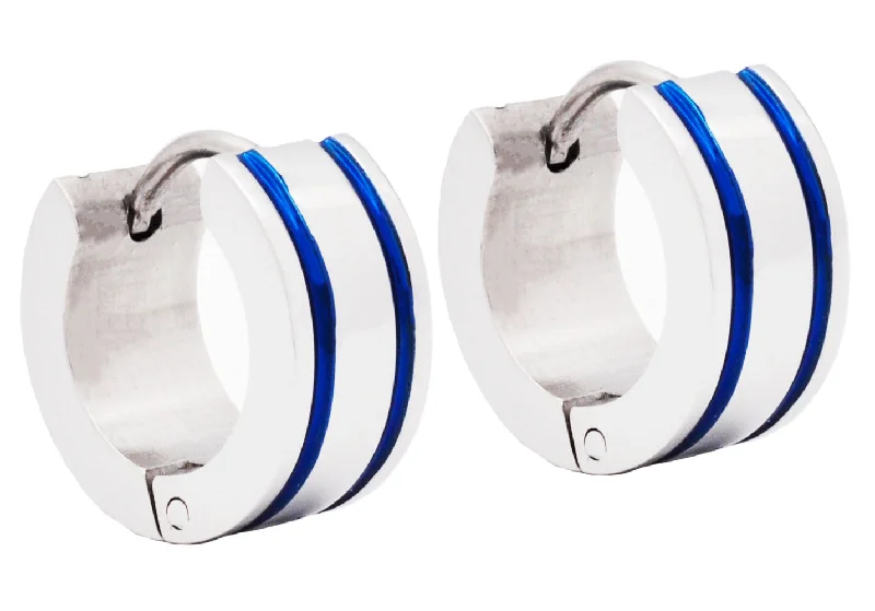 Elegant Drop Earrings-Mens 14mm Stainless Steel Blue Divoted Hoop Earrings