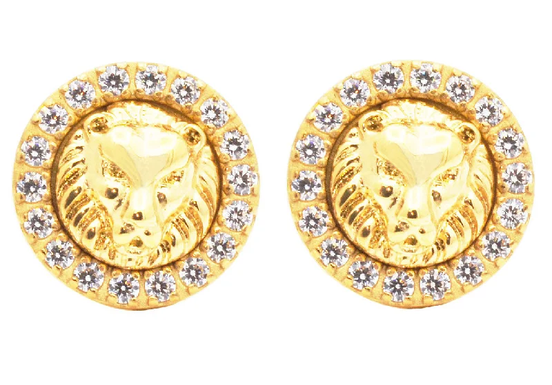 Unique Statement Earrings-Mens Lion's Head Gold Stainless Steel Earrings With Cubic Zirconia