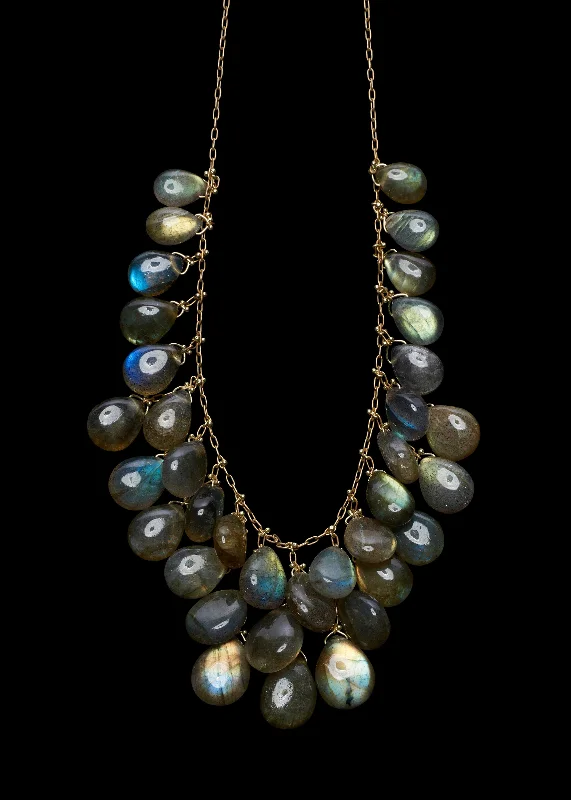 Pearl Chain Pendant Necklace-Labradorite Briolette Waterfall Necklace