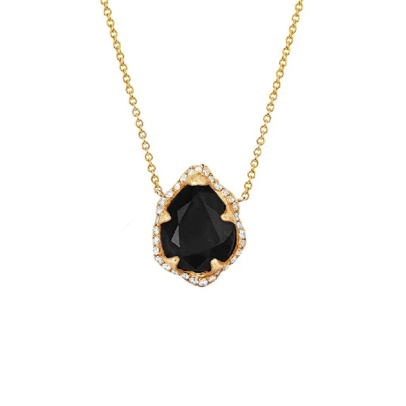 Dainty Gold Pendant Necklace-Baby Queen Water Drop Onyx Necklace with Full Pavé Diamond Halo