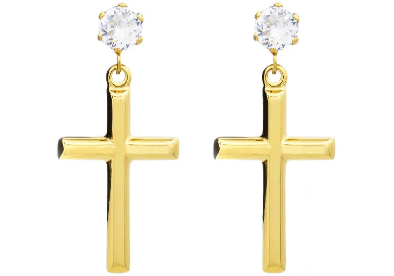 Bright Silver Earrings-Mens Gold Stainless Steel Cross Earrings With Cubic Zirconia