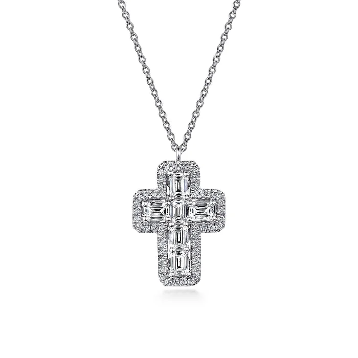 Chunky Gold Necklace-14K White Gold Emerald Cut Diamond Cross Necklace