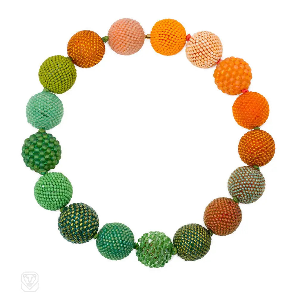 Multi-Color Necklace-Shades of orange and green glass and crystal bead necklace