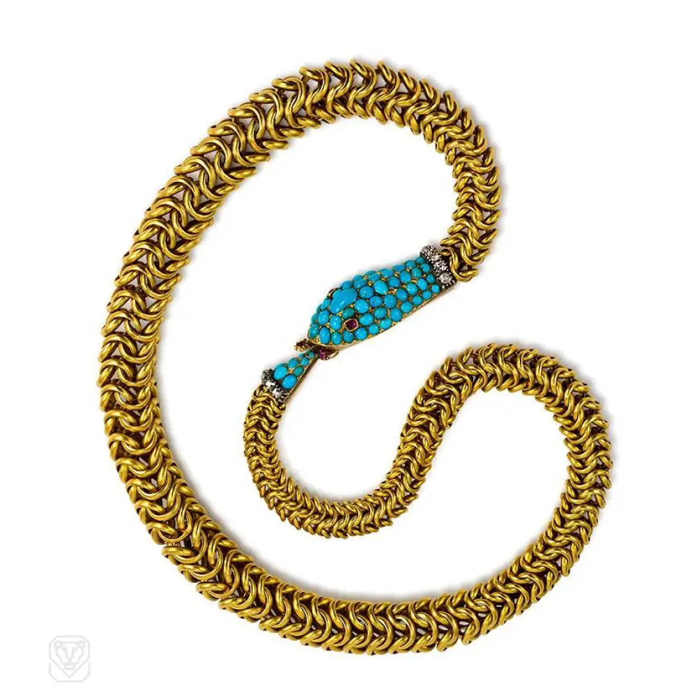 Luxury Gemstone Necklace-Antique gold gemset Ouroboros snake necklace