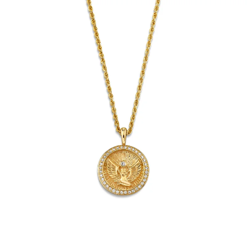 Bright Gold Necklace-Mini Lady Isis Diamond Pavé Halo Coin Pendant