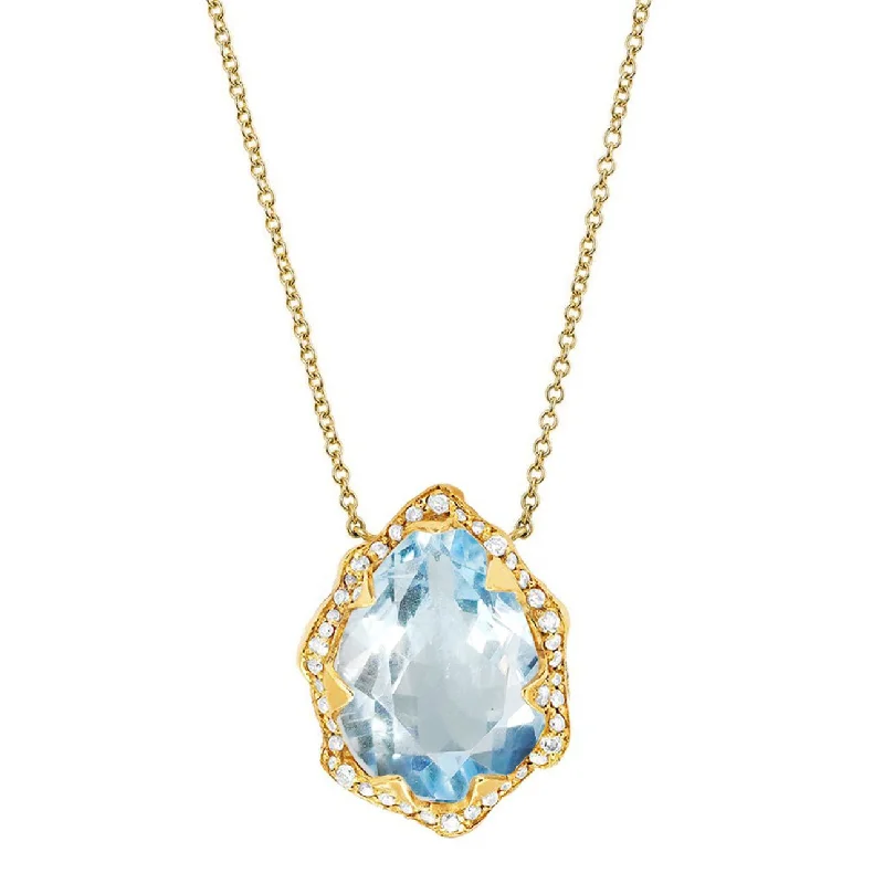 Gold Charm Necklace-Queen Water Drop Aquamarine Necklace with Full Pavé Diamond Halo