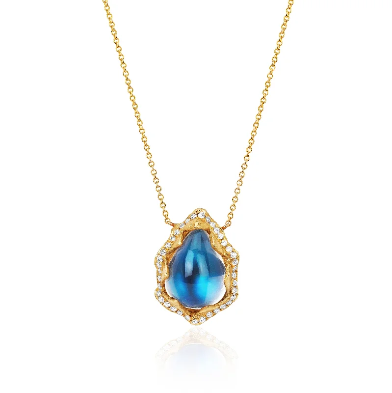 Custom Gold Necklace with Initials-18k Queen Water Drop Blue Sheen Moonstone Necklace with Full Pavé Halo | Ready to Ship