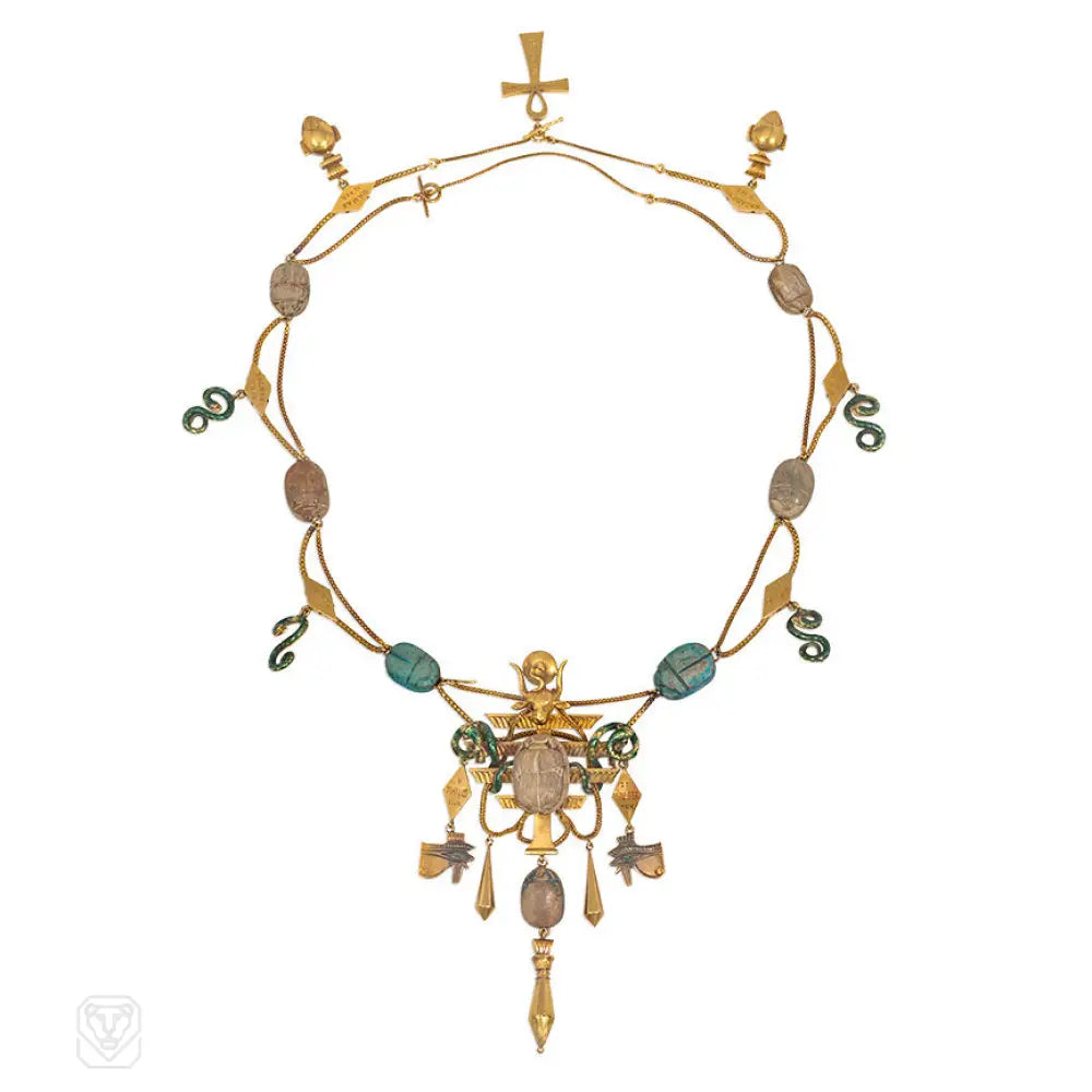 Heart Shaped Necklace-Extraordinary antique gold, enamel, and faience Egyptian Revival necklace