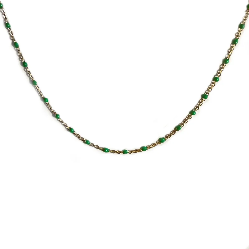 Two-Tone Gold Necklace-Green Beaded Chain Layering Necklace