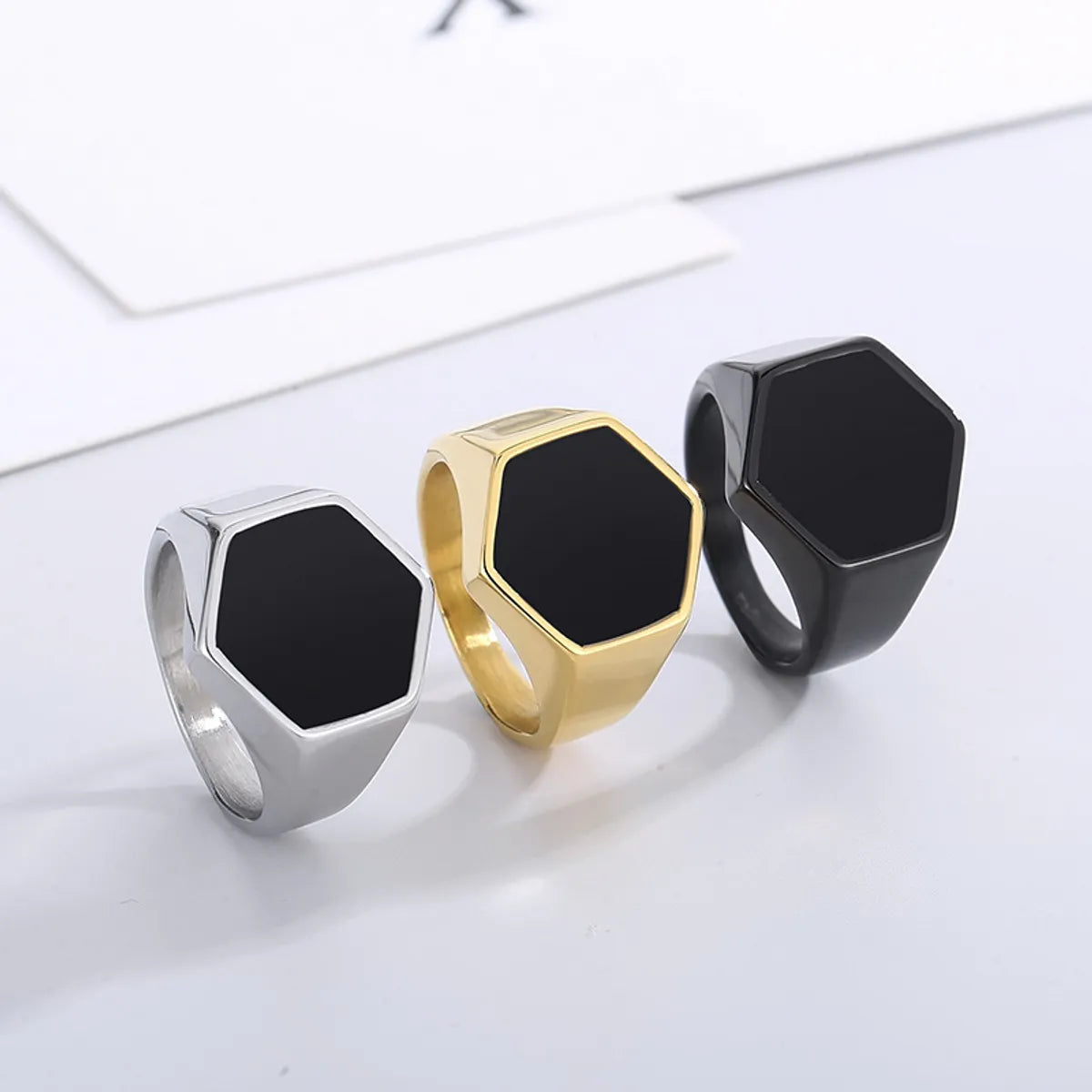 Custom Gemstone Wedding Ring Set-Simple Style Hexagon Solid Color Stainless Steel Polishing Unisex Rings