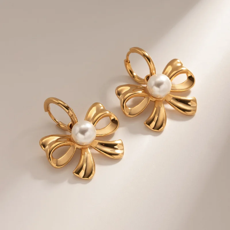 1 Pair IG Style Bow Knot Inlay Stainless Steel Artificial Pearls 18K Gold Plated Drop Earrings