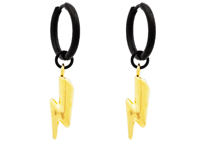 Layered Earrings for Women-Mens Two-Toned Gold and Black Stainless Hoop Earrings With Thunder Bolts