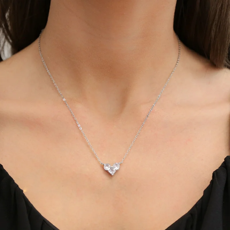 Double Pendant Necklace-RAVEN - Silver Three CZ Stone Necklace Dainty Silver Chain