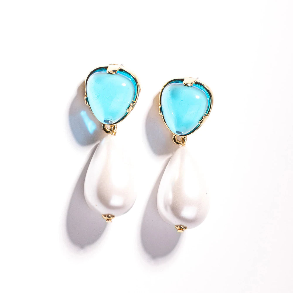 Colorful Gemstone Hoop Earrings-Aqua Pearl