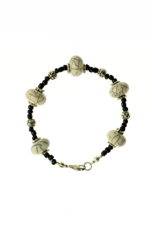 Black Beaded Bracelet for Men-White Amber & Silver Bracelet