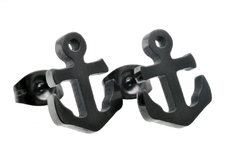 Spiral Silver Earrings-Mens Black Stainless Steel Anchor Earrings