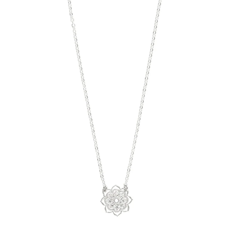 Layered Crystal Pendant Necklace-Petite Open Heart Mandala Necklace in Silver