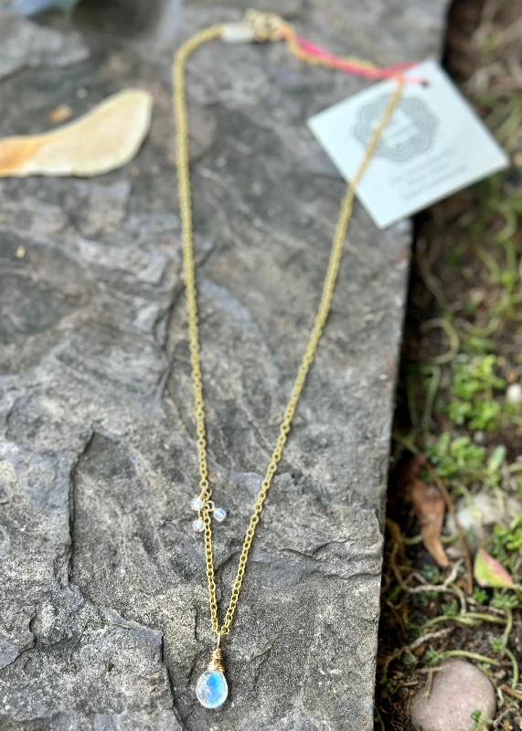 Long Silver Chain Necklace-Golden Moonstone Drop Necklace