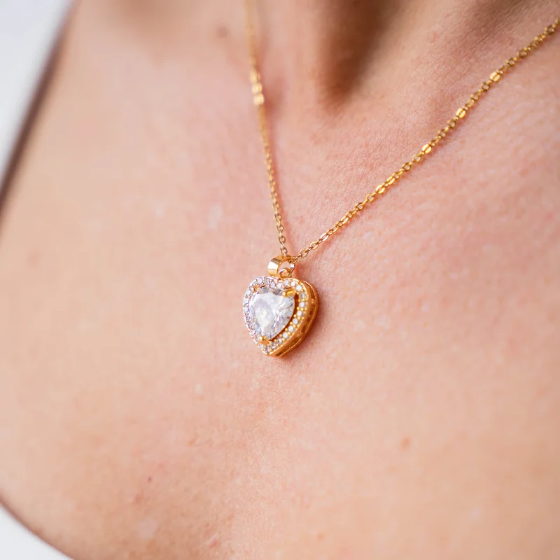 Fashion Silver Pendant Necklace-SMITTEN - Gold Necklace with Large Single Crystal Heart Pendant