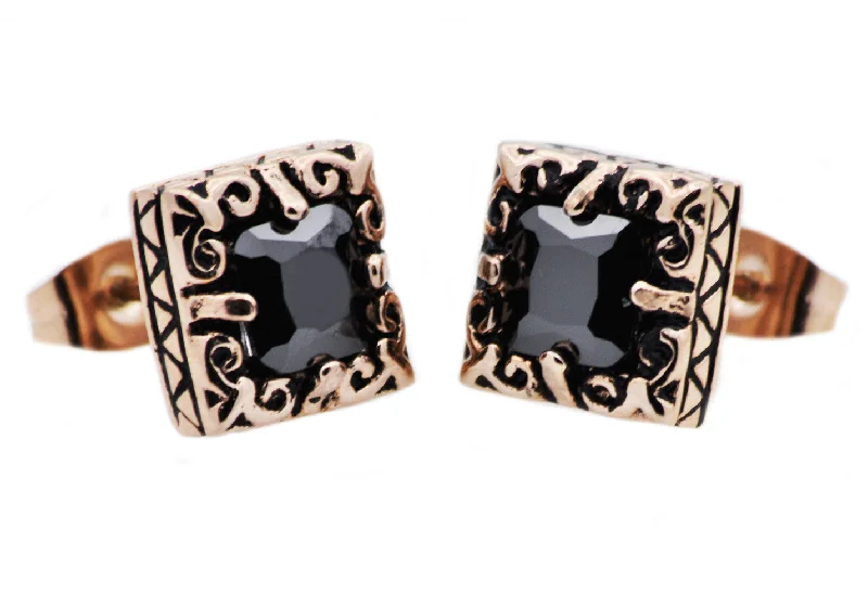 Fancy Drop Earrings-Mens 10mm Rose Stainless Steel Stud Earrings With Black Cubic Zirconia