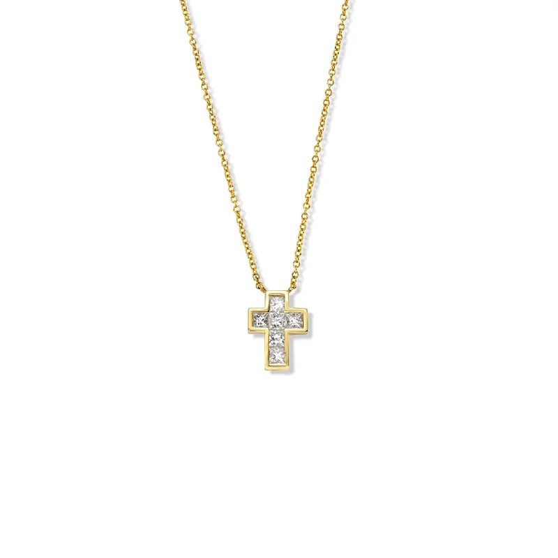 Sparkling Crystal Necklace-Princess Cut Diamond Cross Necklace