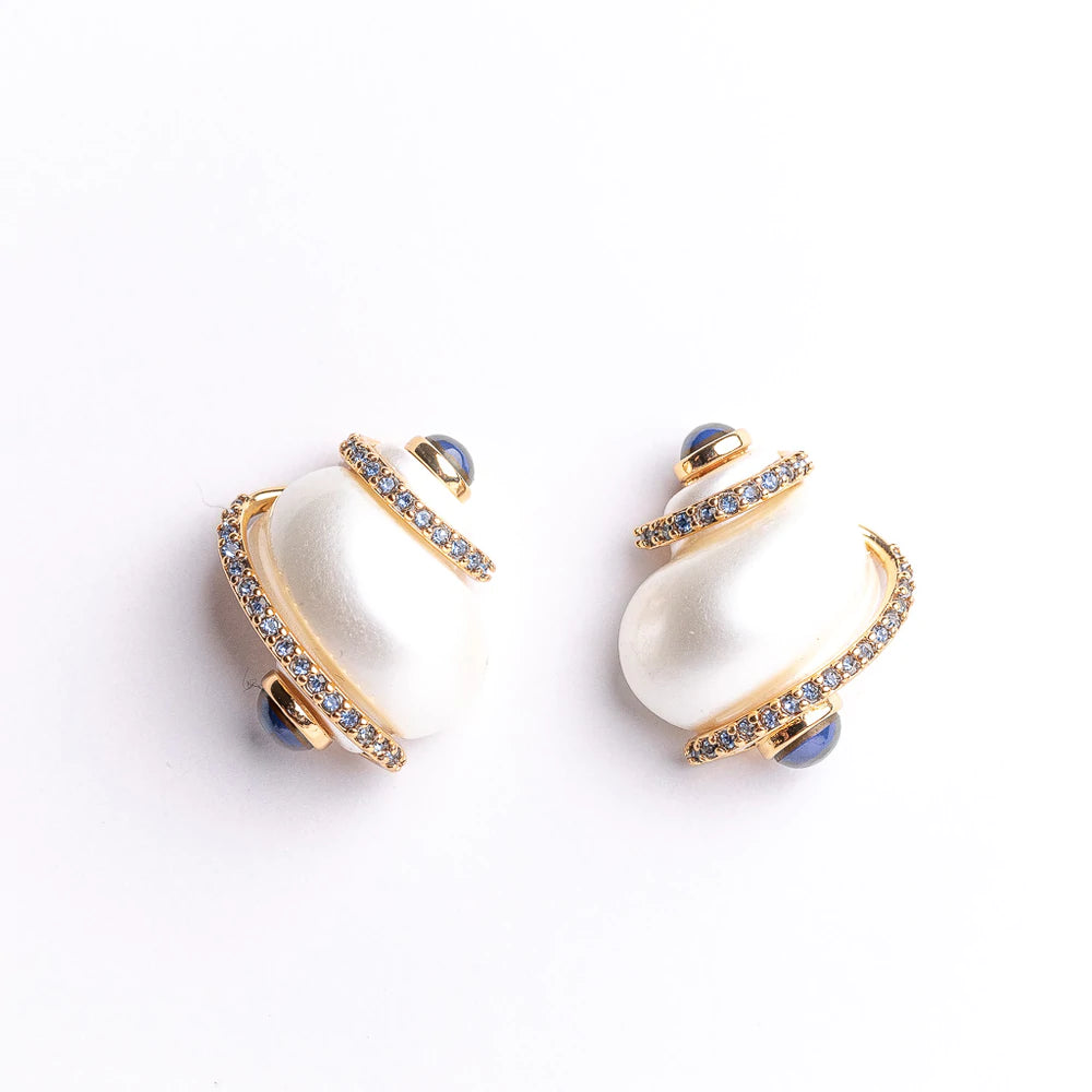 Rose Gold Earrings with Diamonds-White Shell Blue Tip