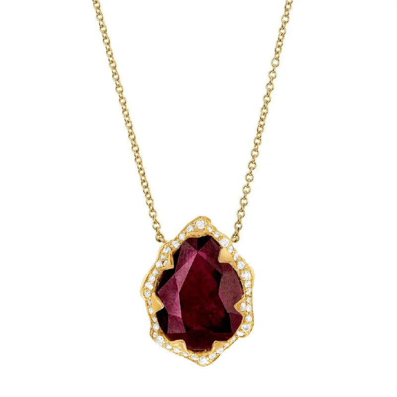 Bright Gold Necklace-Queen Water Drop Natural Ruby Necklace with Full Pavé Halo