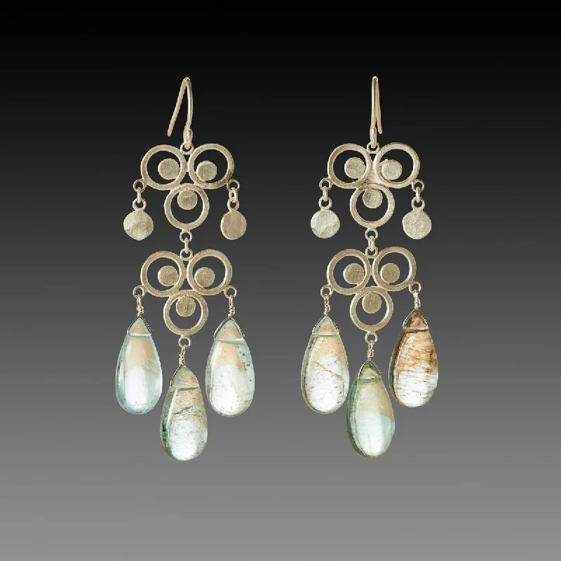 Chic Hoops for Women-Double Filigree Chandelier Earrings with Moss Aquamarine Drops